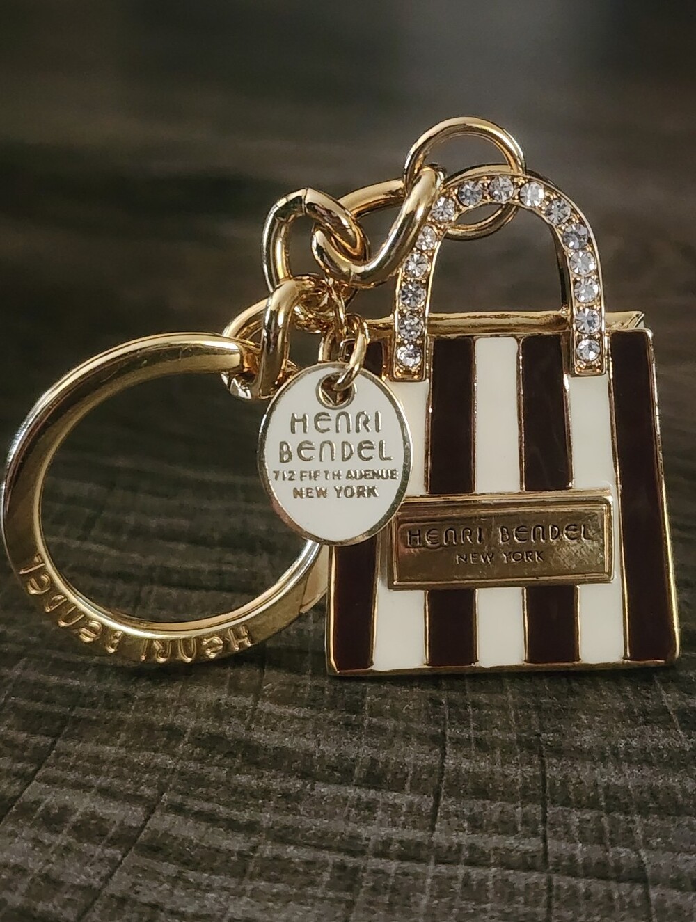 Henri Bendel Striped Mini Bag Keychain / Bag Charm Brown & White with Gold
